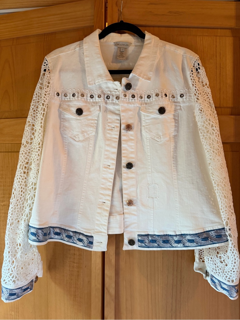 Multiples White Denim Jacket with Crochet Sleeves and Blue Trim